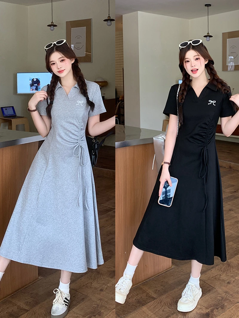 2025夏季新款胖mm大码韩系刺绣蝴蝶结半开领收腰显瘦连衣裙35287