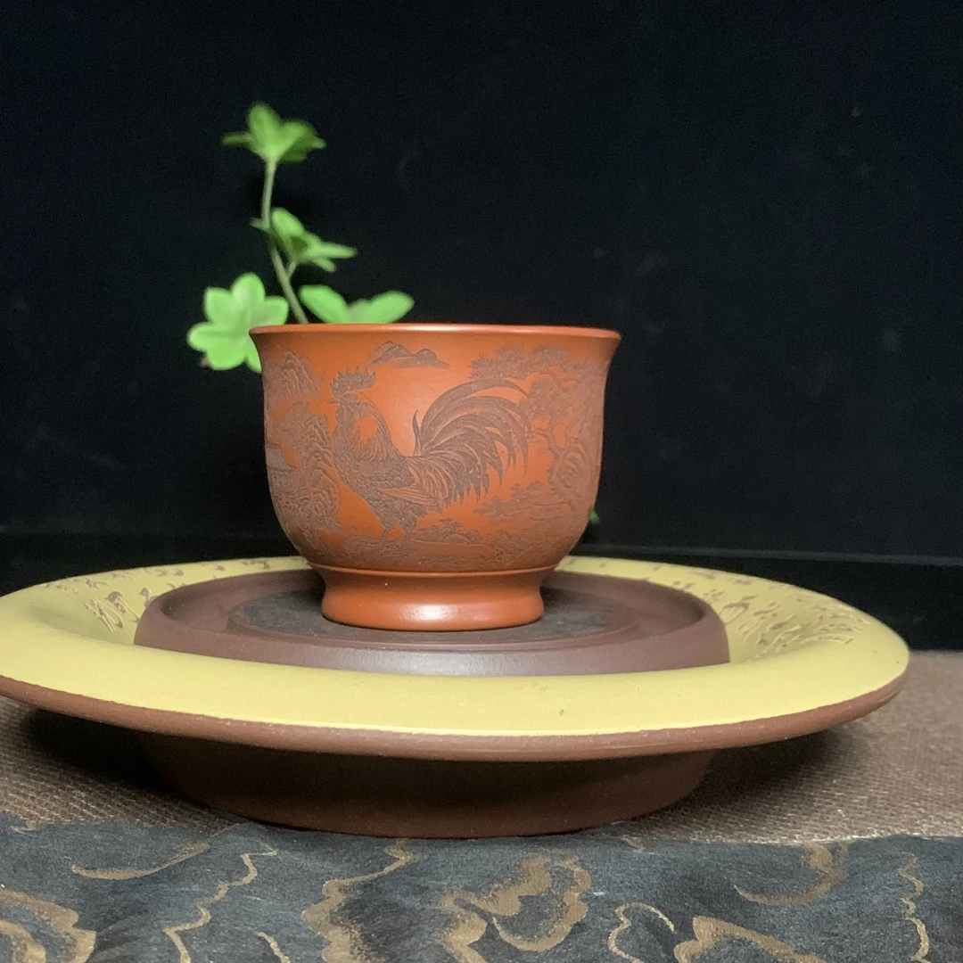 宜兴原矿紫砂小红泥手工刻绘金鸡报晓主人杯120毫升