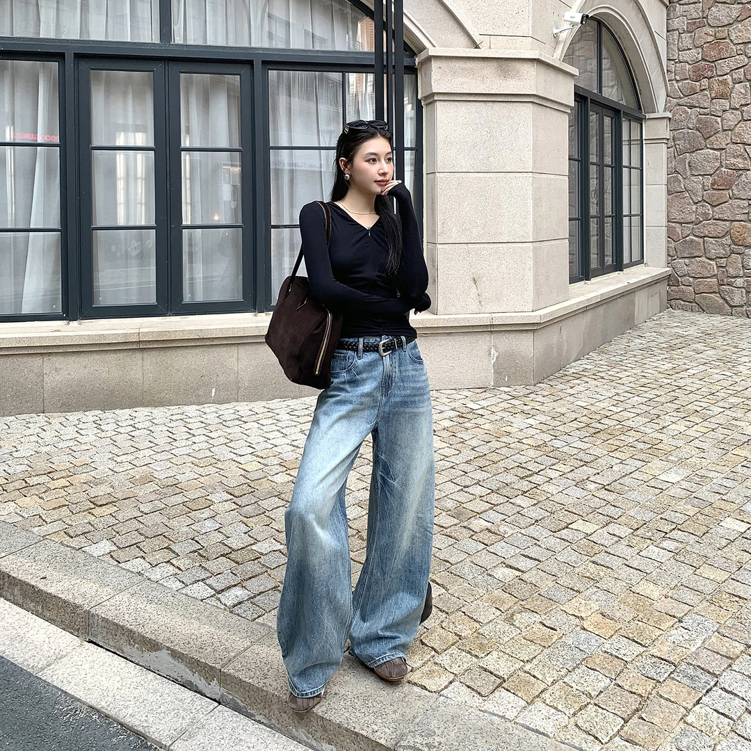 美式复古蓝色水洗做旧牛仔裤女2025早秋新款高腰微喇裤拖地裤长裤