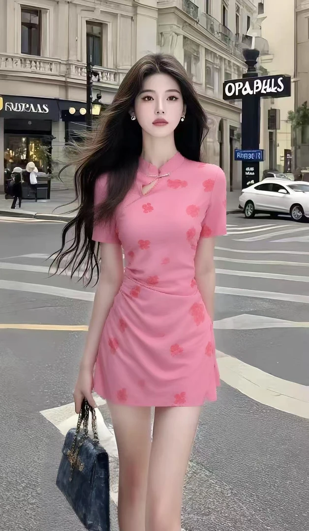 轻奢高端温婉知性风粉色立领修身短袖收腰包臀连衣裙氛围感女装