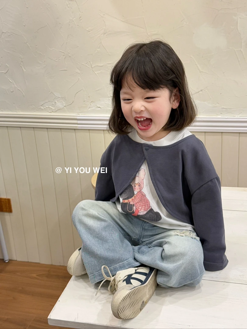 女童2025春季新款韩版卡通印花t恤设计感灰色两件套上衣