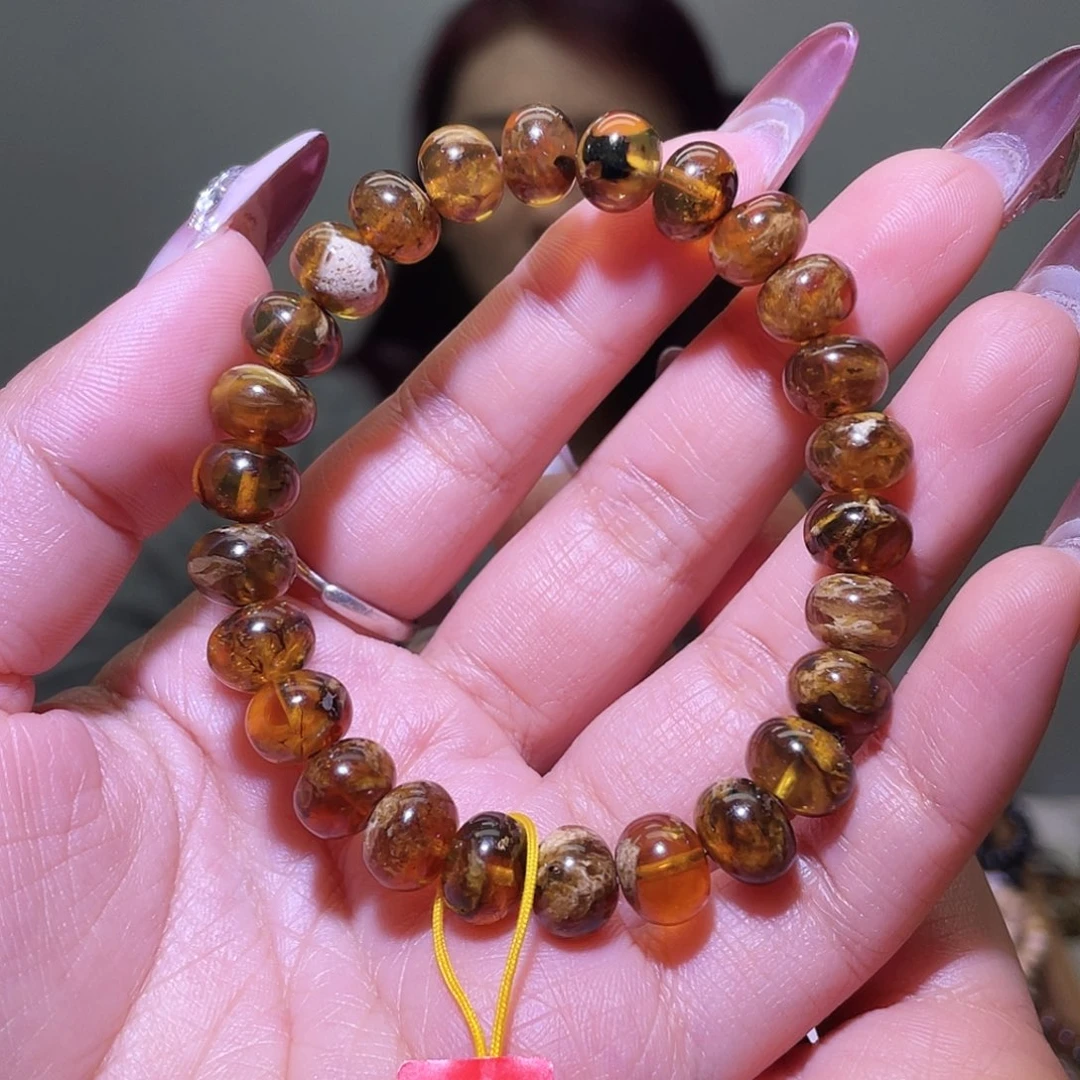 琥珀未镶嵌裸石抚顺琥珀 9+溶洞花手串