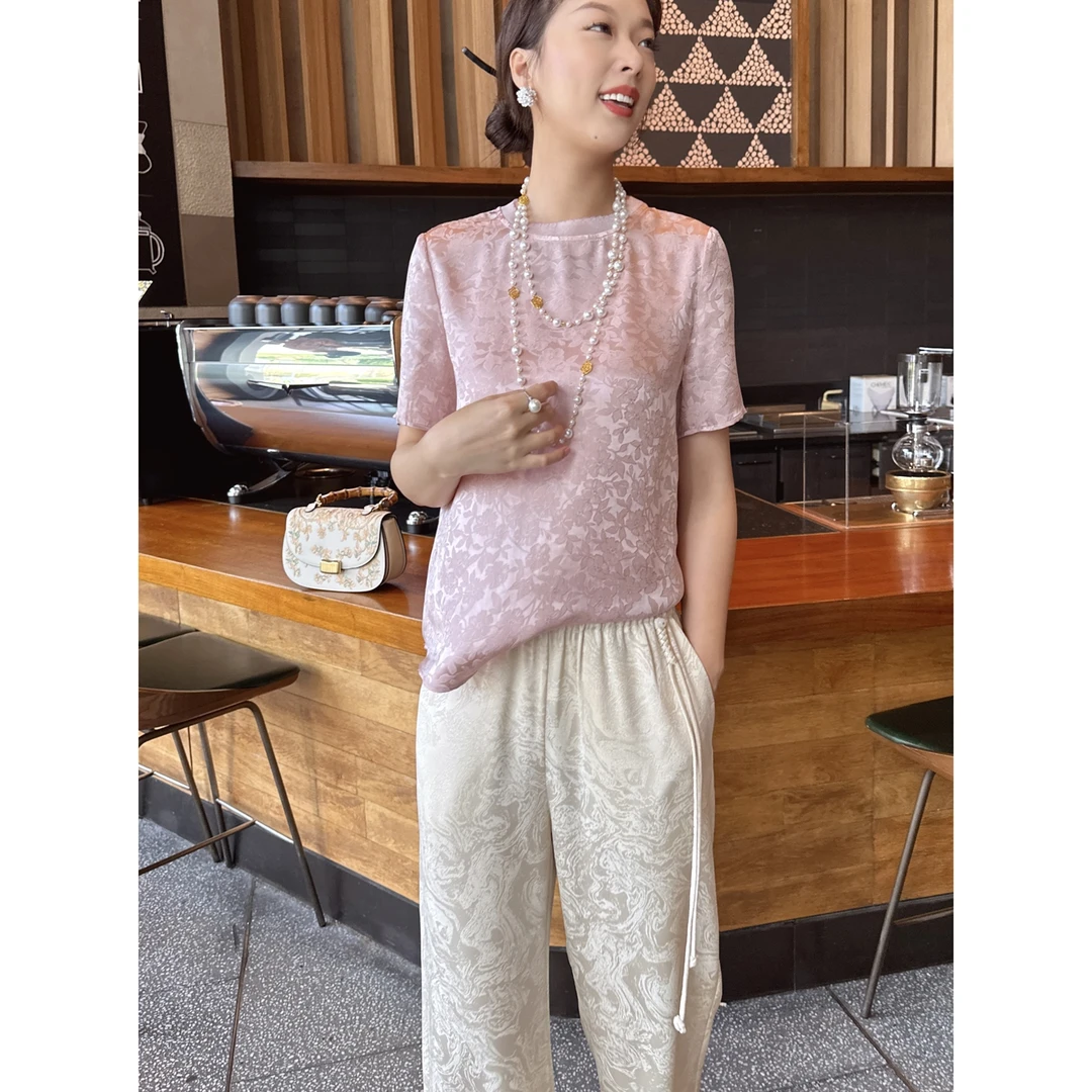 【深圳罗依】原创真丝衬衫女桑蚕丝花萝提花百搭T恤减龄短袖上衣