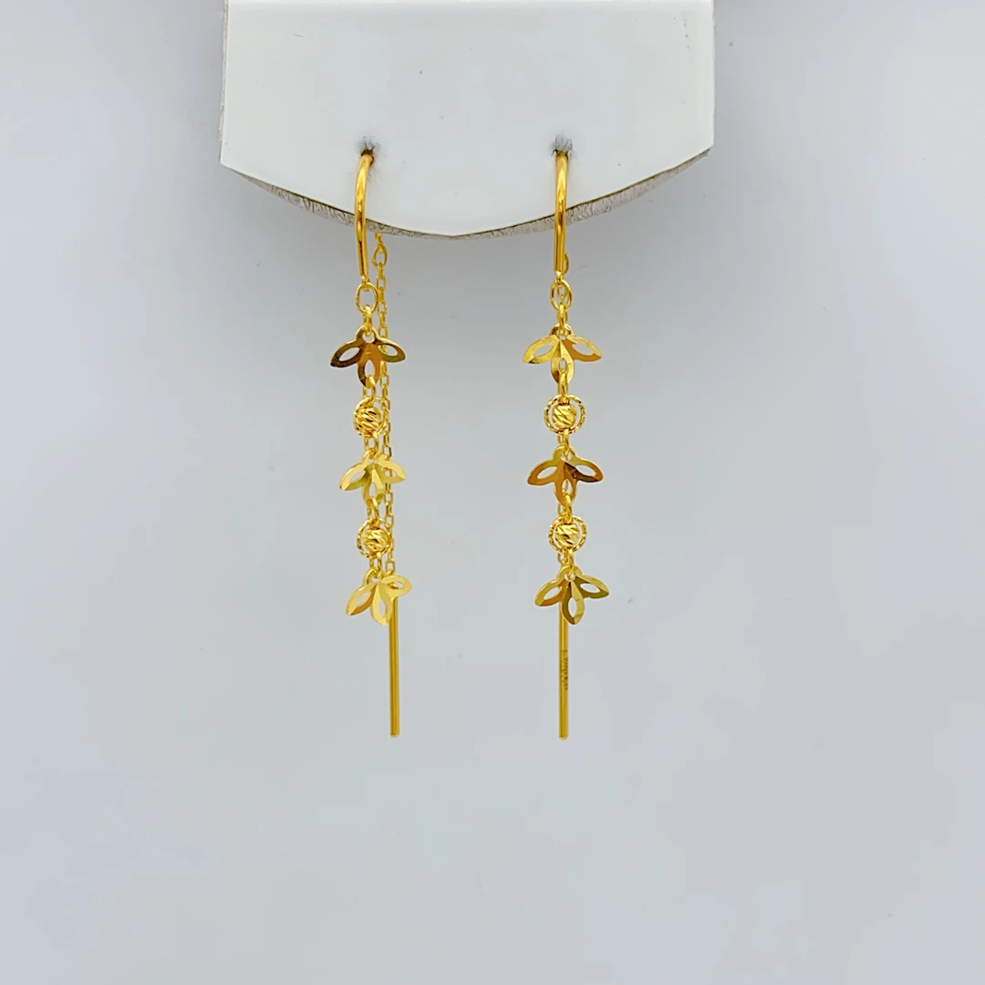 老庙黄金2 足金 精工5G工艺 亮面树叶流苏 U型耳线 1.65克