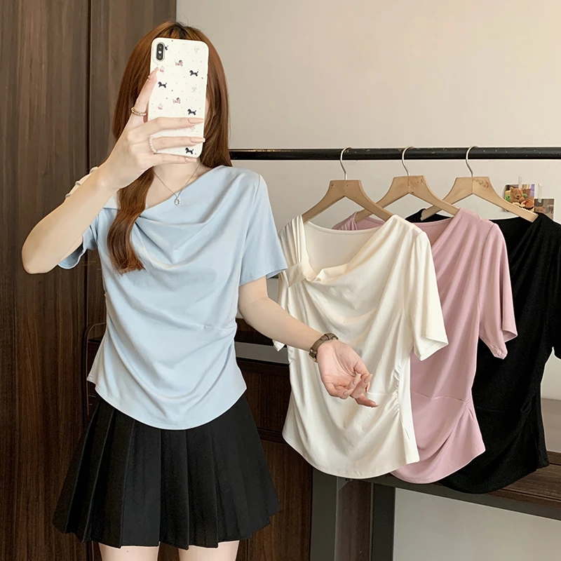 夏装新款胖mm大码女韩版纯欲扭结弧形显瘦遮肚短袖T恤A1170