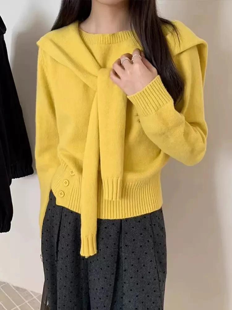 韩系气质温柔风黄色针织衫2025年秋季小众设计感披肩套头毛衣套装