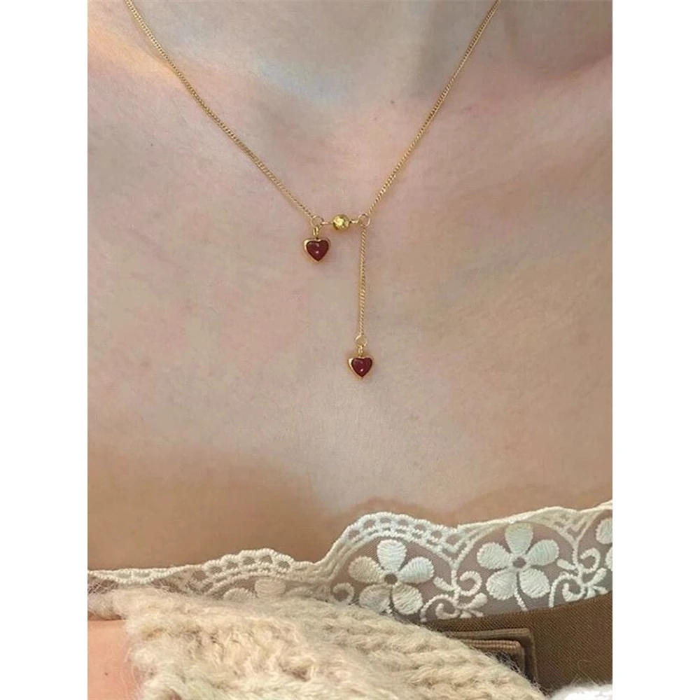 钛钢项链 轻奢法式双爱心抽拉项链浪漫唯美气质锁骨链送女友闺蜜