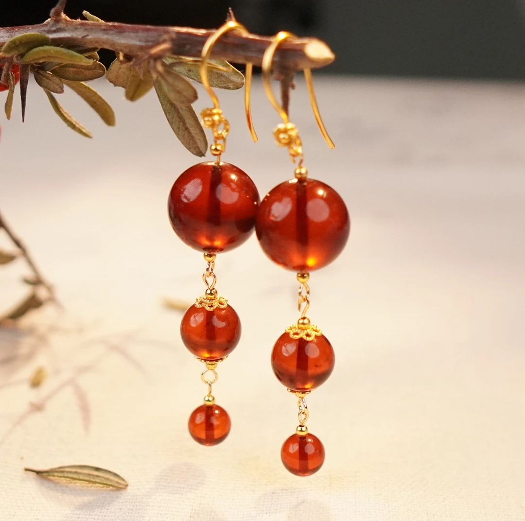 【亿景珠宝】14+9+7+缅甸天然血珀耳环步步高升款气质MLQ3A067