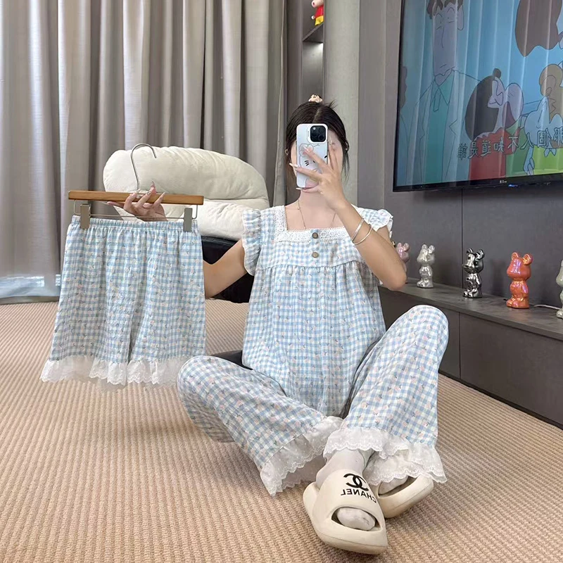 夏季新款格子小飞袖短袖三件套带杯垫睡衣大方领绵柔透气套装2242