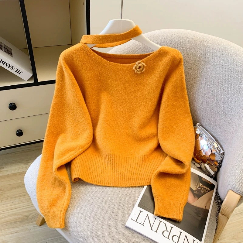 紫色挂脖花朵羊毛针织衫女冬季慵懒风软糯毛衣超好看厚款针织上衣