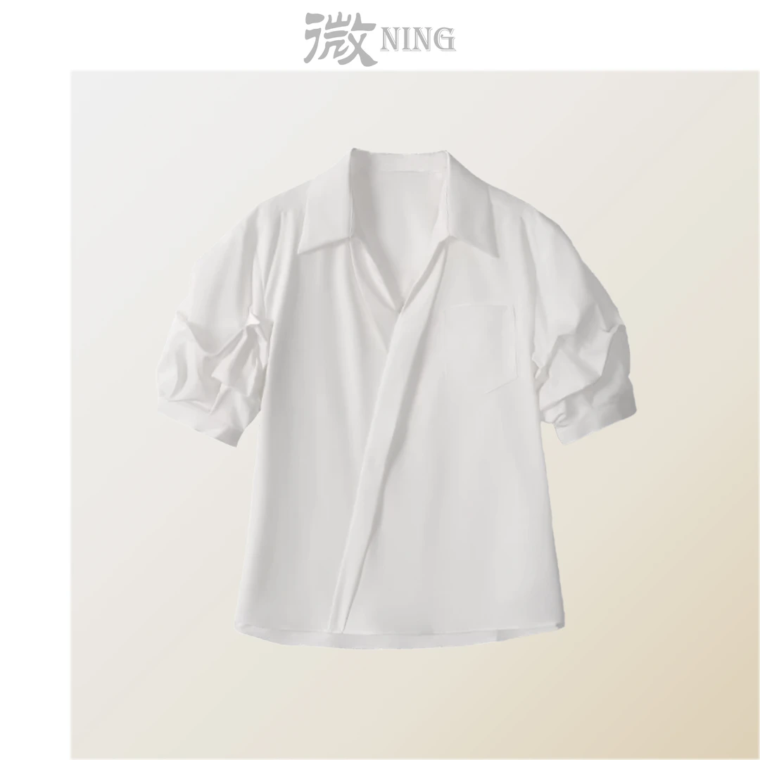 法式夏季纯色短袖V领衬衫薄款宽松慵懒休闲别致上衣