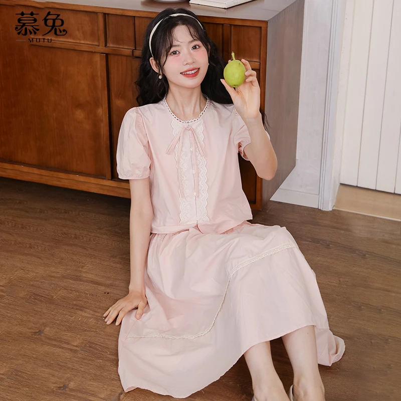 慕兔法式甜美泡泡袖花边衬衫搭配高腰半身裙女2024夏季新款两件套