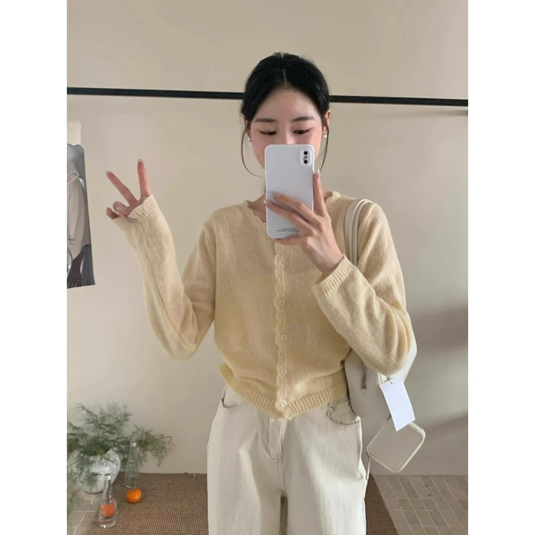 巨显温柔，韩版花边针织开衫女2025春夏季薄款罩衫圆领外套上衣新