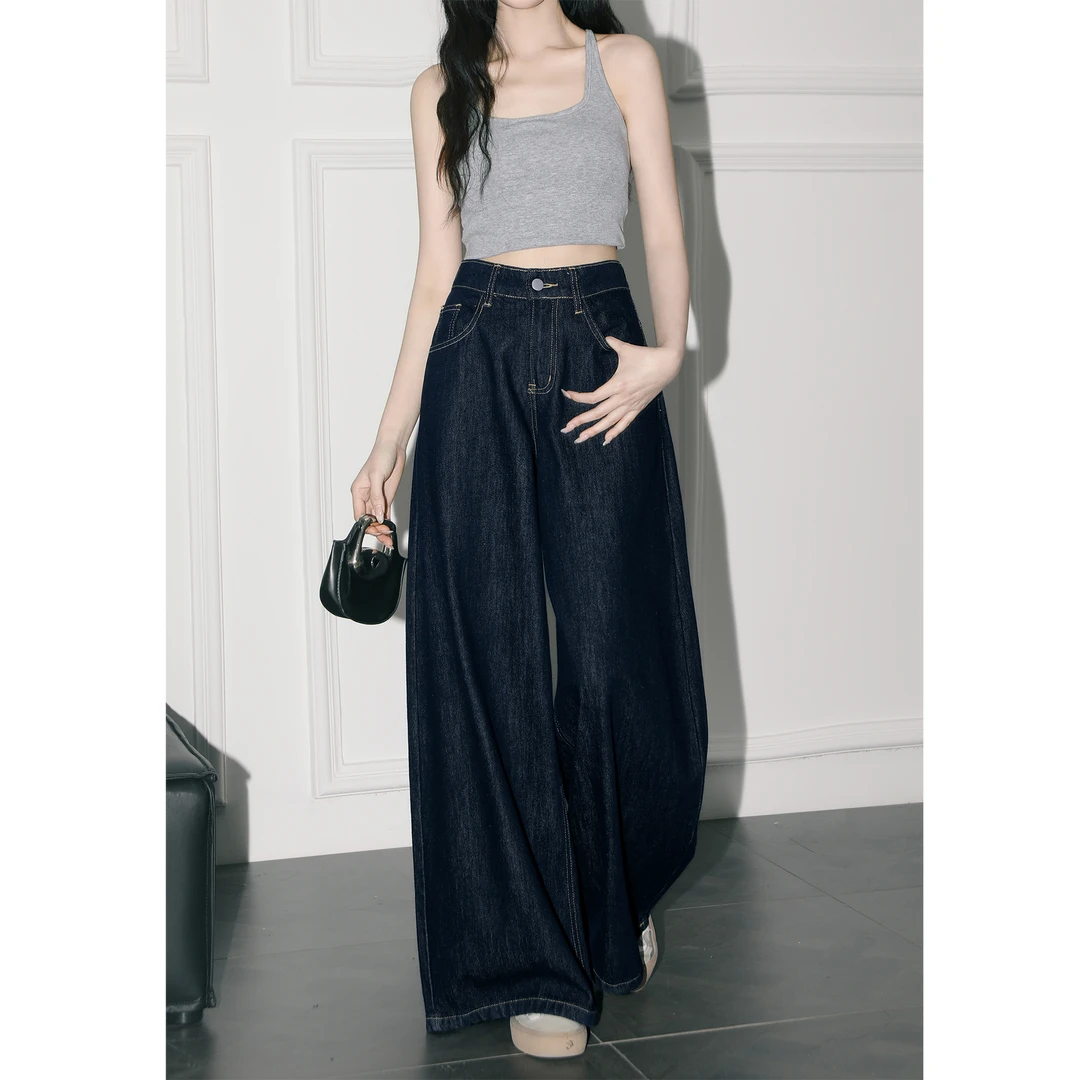深蓝色阔腿牛仔裤女春秋2025春新款复古宽松垂感直筒裤拖地长裤子