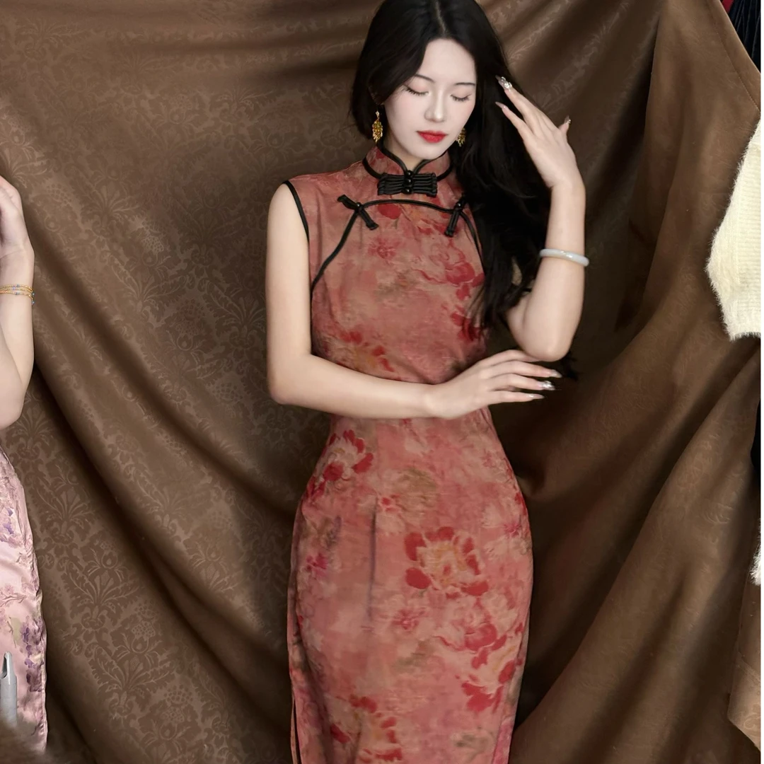 LHMknk1画报夫人原创自制手工旗袍无袖港工旗袍 富贵粉花