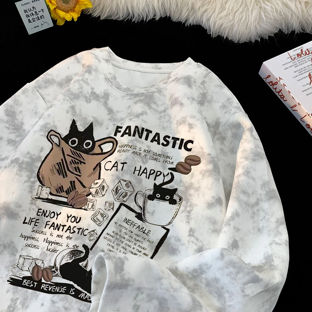 美式扎染重磅长袖T恤男秋季2025新款insi猫咪宽松圆领卫衣潮体恤
