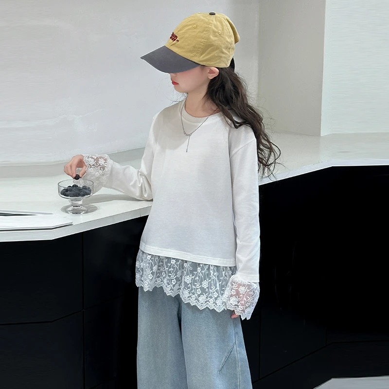 女童卫衣打底内搭春秋2025新款儿童蕾丝打底衫女大童春装白色上衣