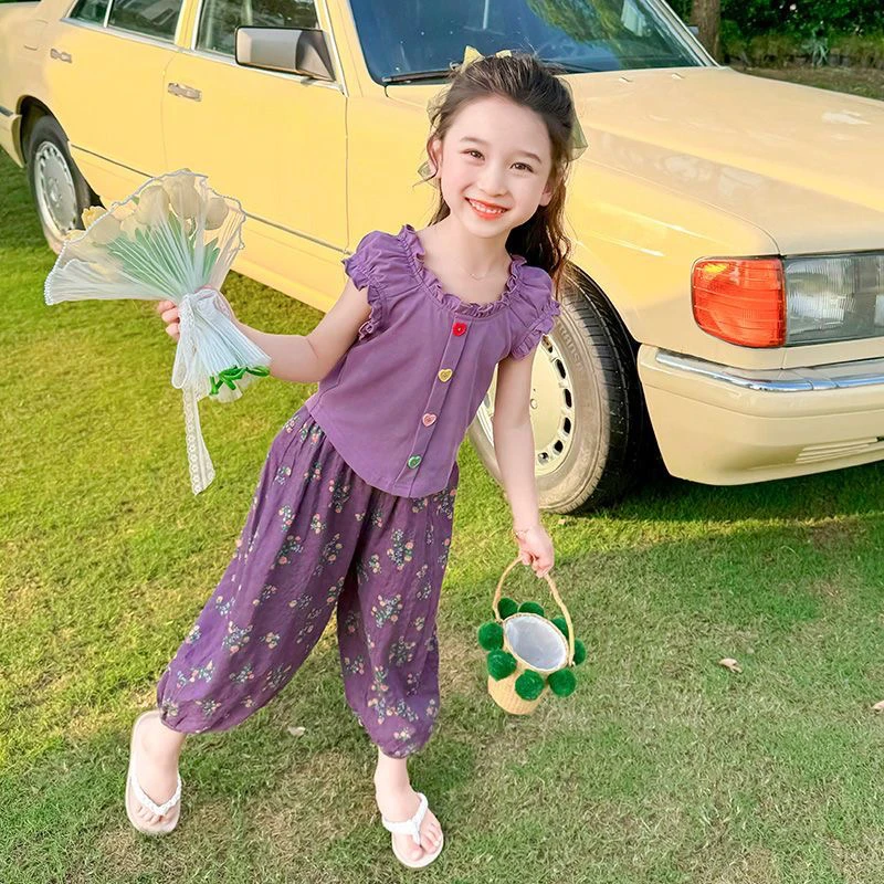 女童夏季套装时髦新款洋气薄款短袖防蚊九分裤两件套潮