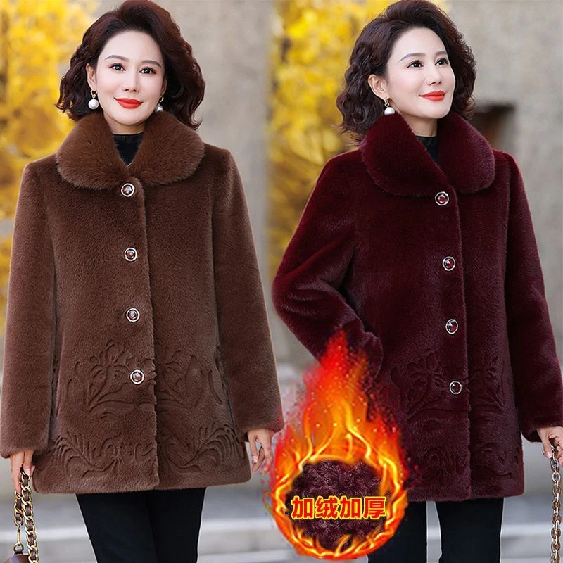 高档中老年妈妈装加绒加厚仿水貂绒外套冬季气质奶奶保暖大衣衣服