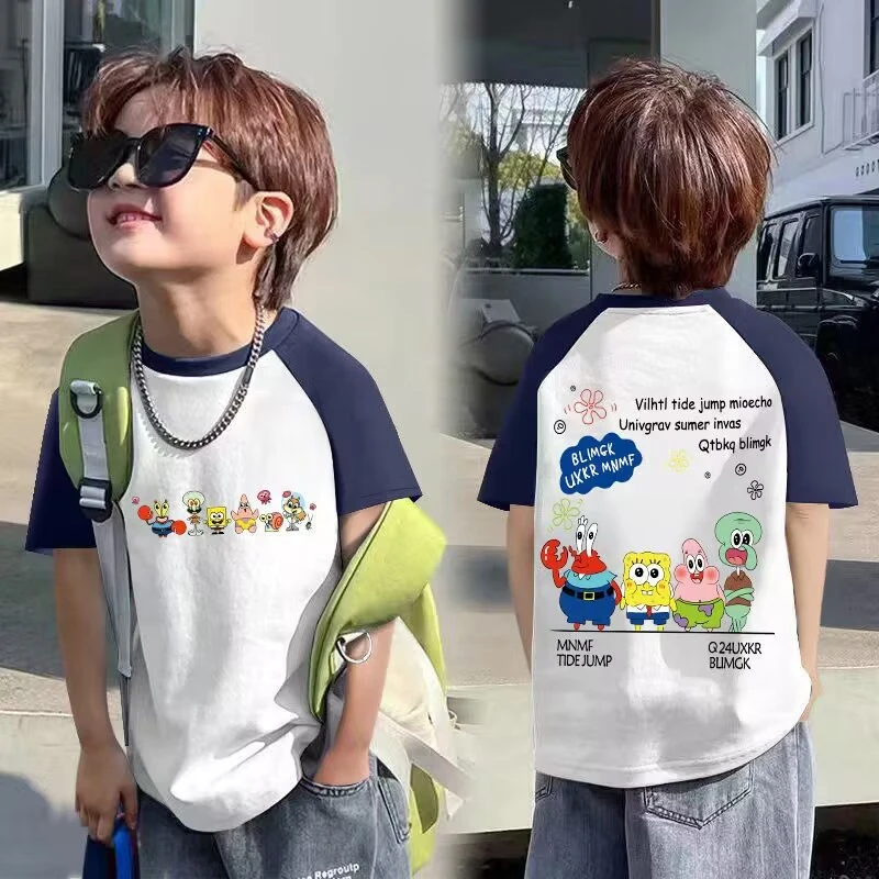 男童夏装拼接撞色纯棉短袖t恤新款洋气男孩卡通中大童帅气打底衫