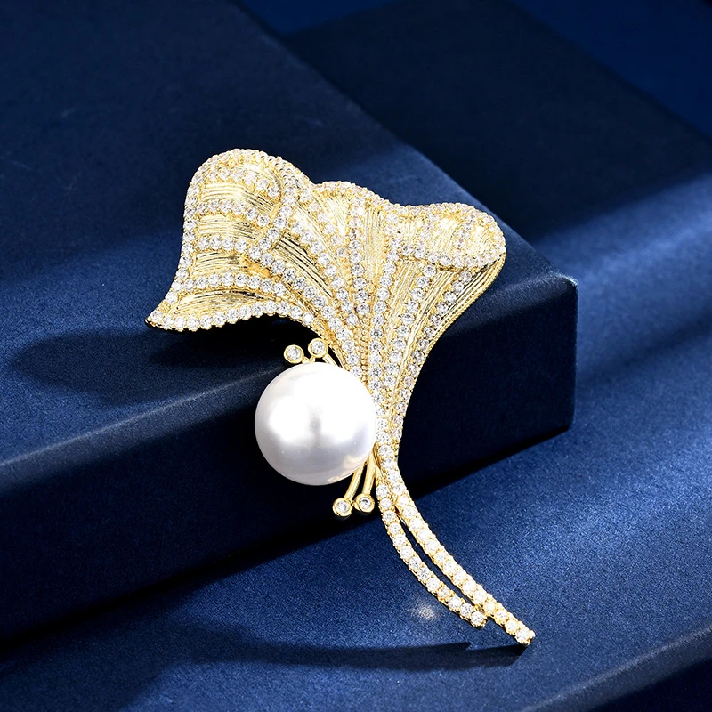 铜合金胸针 【维妮佧推荐】-珍珠银杏叶胸针