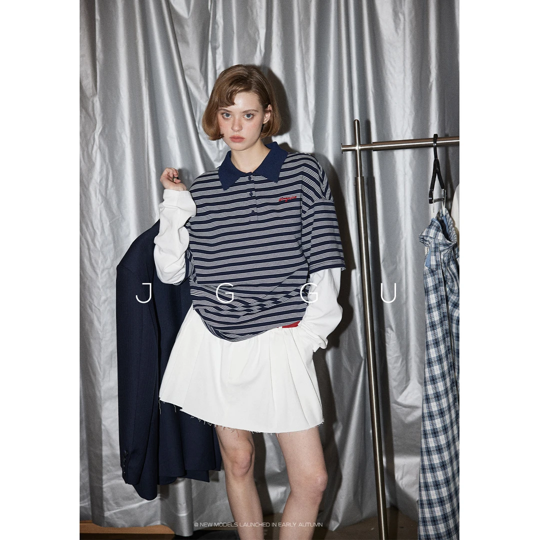 晶咕黑标【精英学院】个性假两件拼接袖撞色条纹poloT恤JG11240342