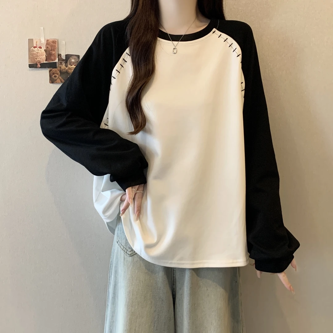 大码女装遮肚子拼色插肩袖正肩卫衣秋冬胖妹妹宽松显瘦打底衫上衣