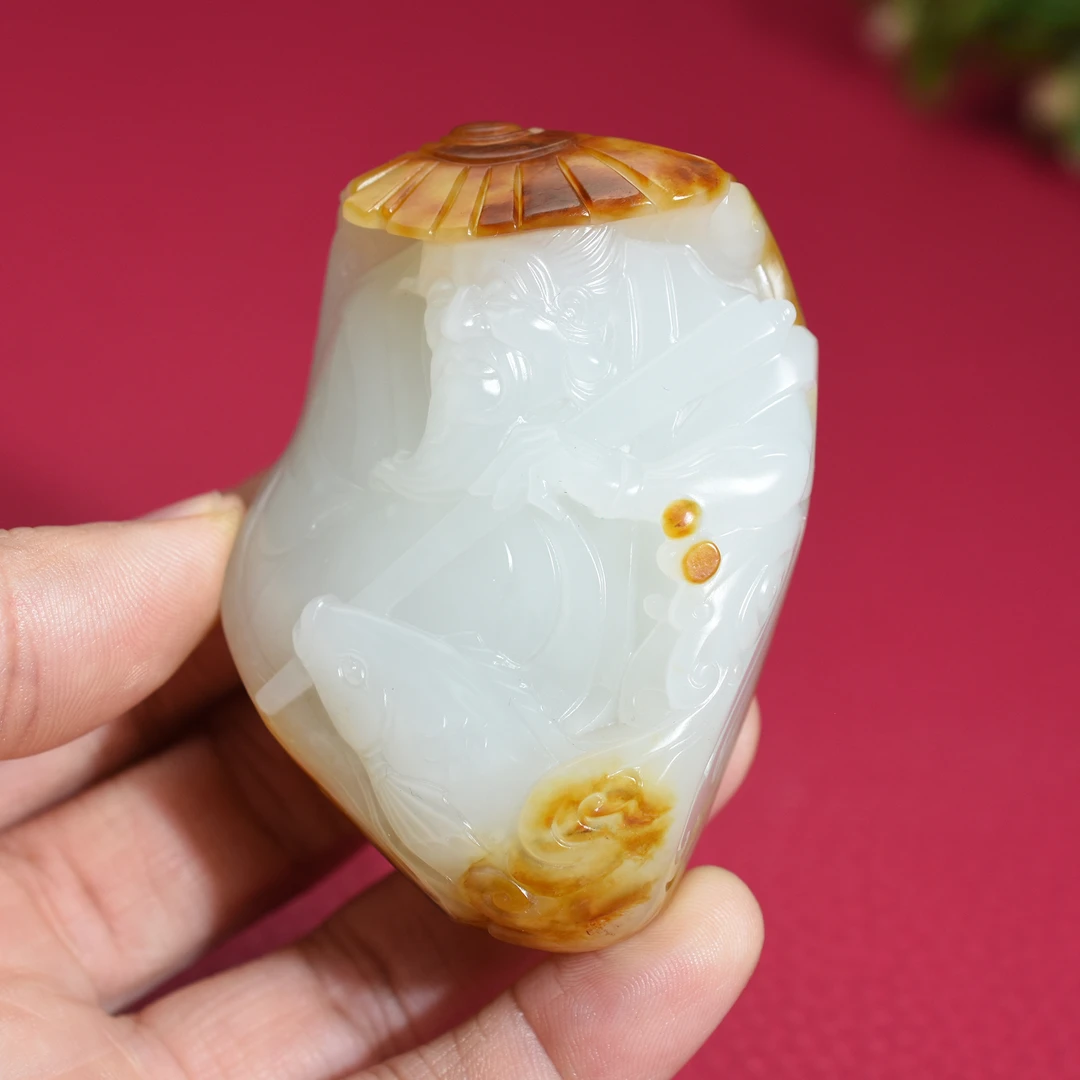 和田玉手把件姜太公钓鱼