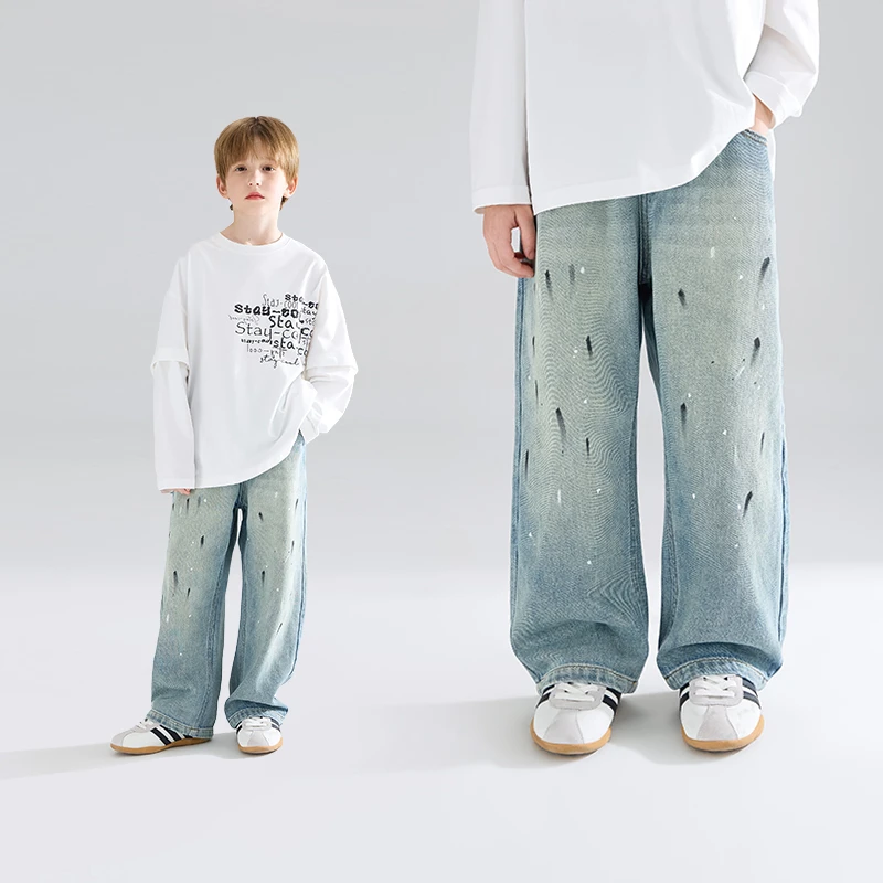 【全棉软牛仔】 涂鸦点点泼墨牛仔裤直筒裤子不褪色男童M51ZK3373