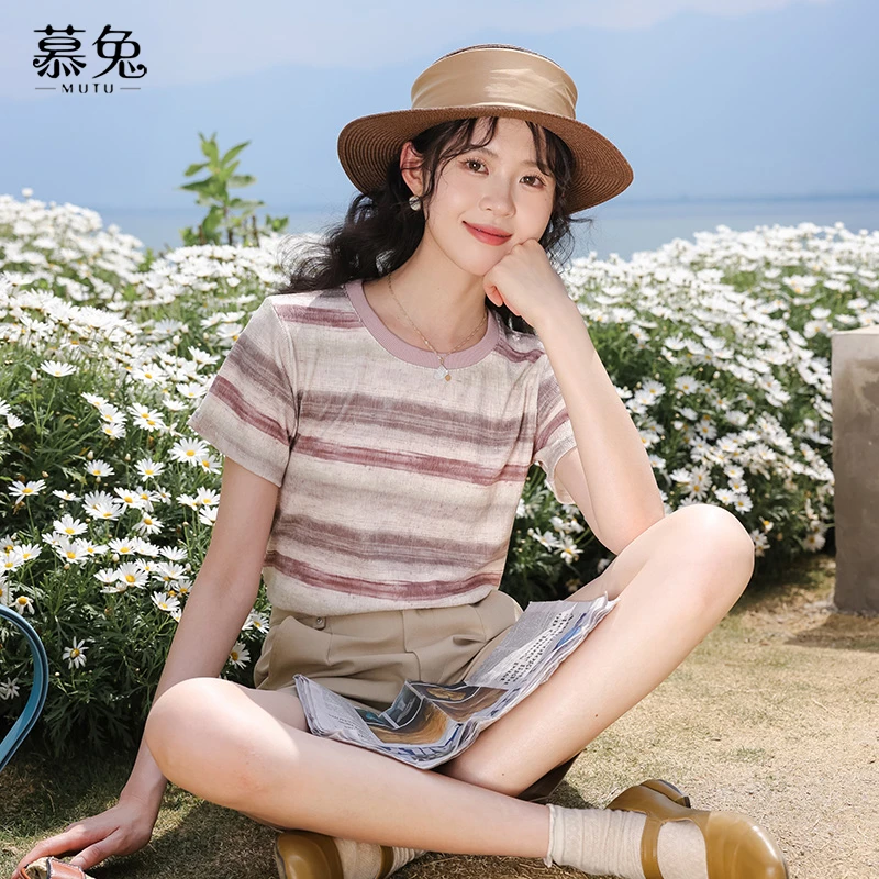 慕兔撞色条纹短袖t恤女2024夏季新款小个子设计感小众正肩上衣薄