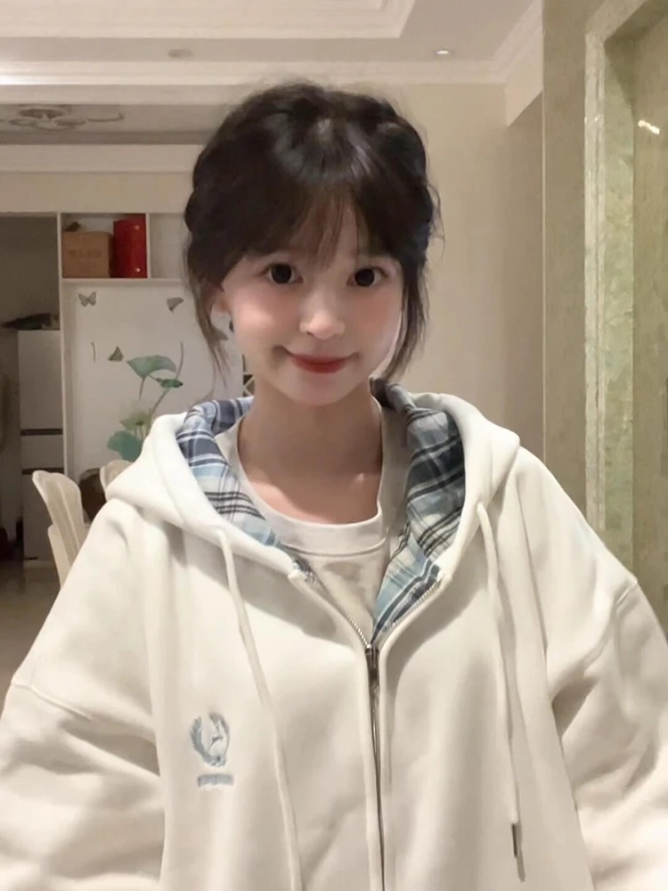 美式高街格子连帽卫衣女秋冬加绒2025新款oversize韩系外套女春秋