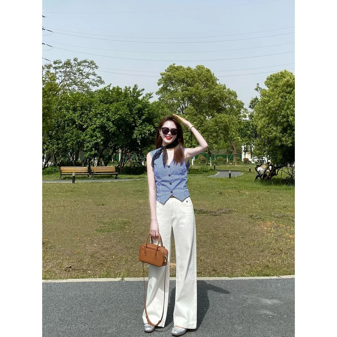 设计感拼色复古格子v领无袖上衣女夏季高腰直筒阔腿休闲裤两件套