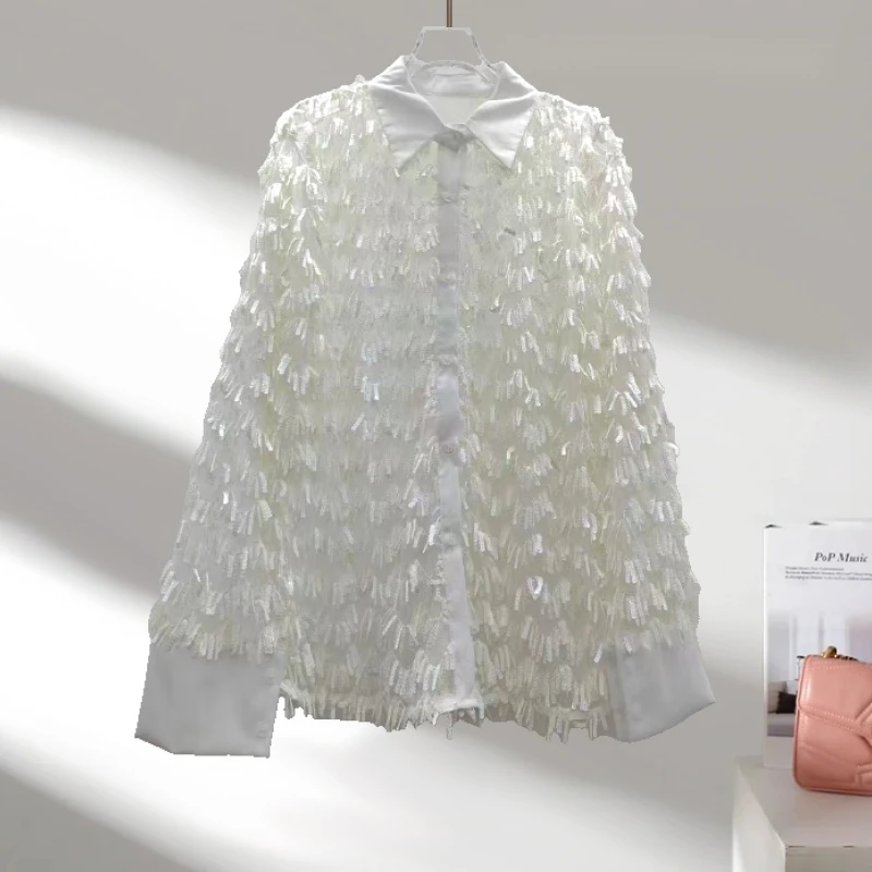 法式洋气设计感新款衬衫女重工亮片流苏宽松防晒洋气休闲装