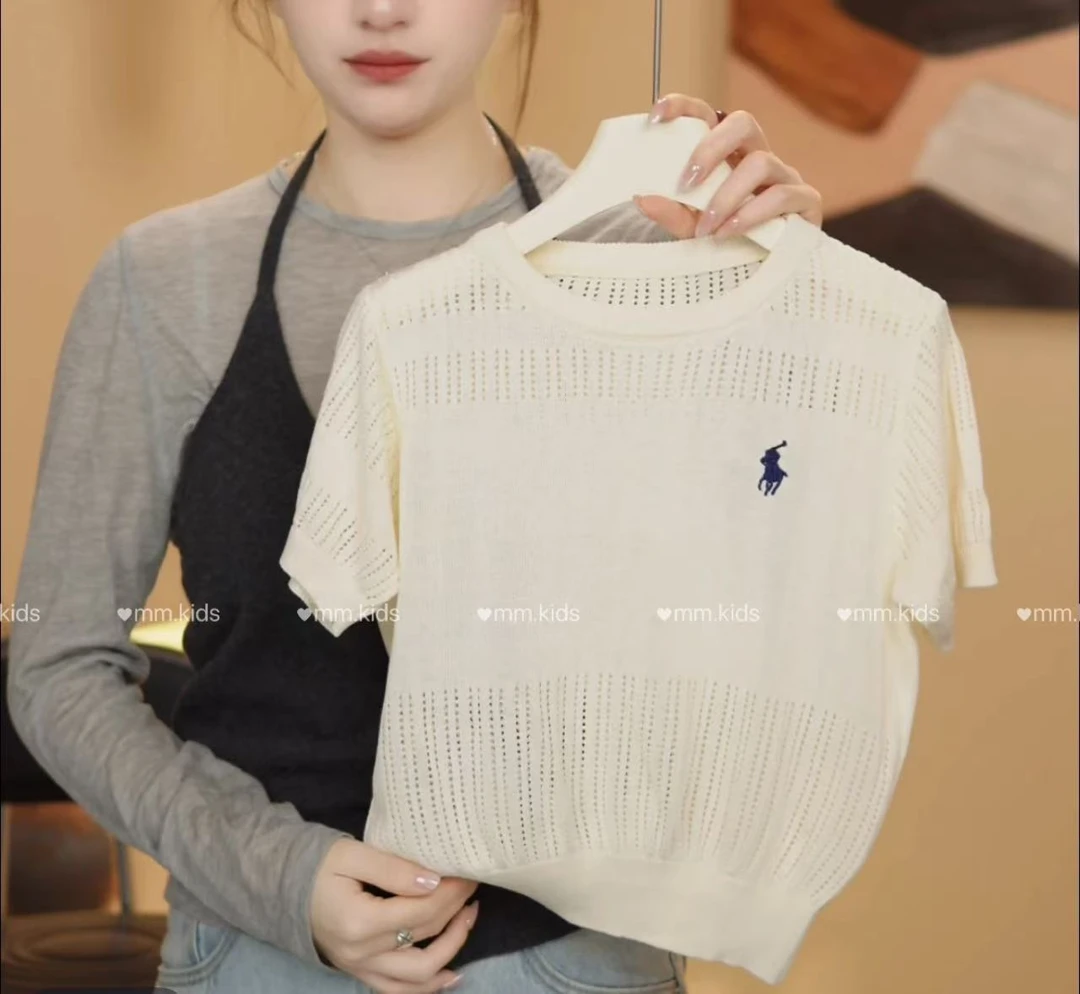 儿童夏款2025冰丝针织刺绣镂空短袖韩版男女童时尚休闲圆领