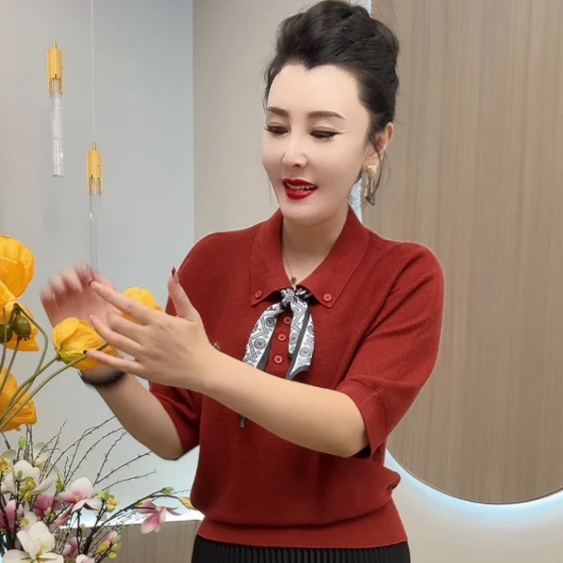 685常规款通勤风毛针织衫秋季短袖纯色春季翻领轻奢网红红色百搭