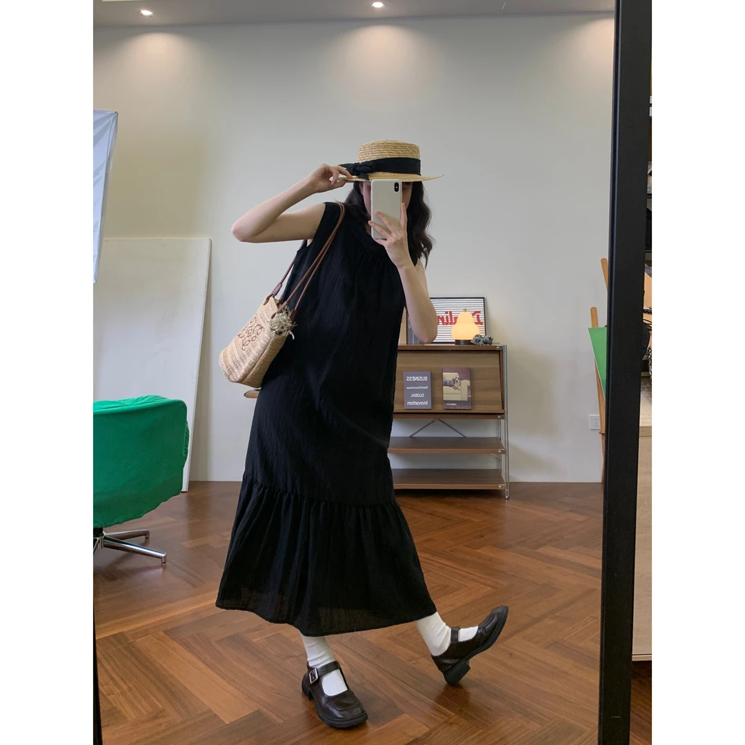 【清苍】设计感无袖连衣裙女百搭宽松中长款细线连衣裙长裙