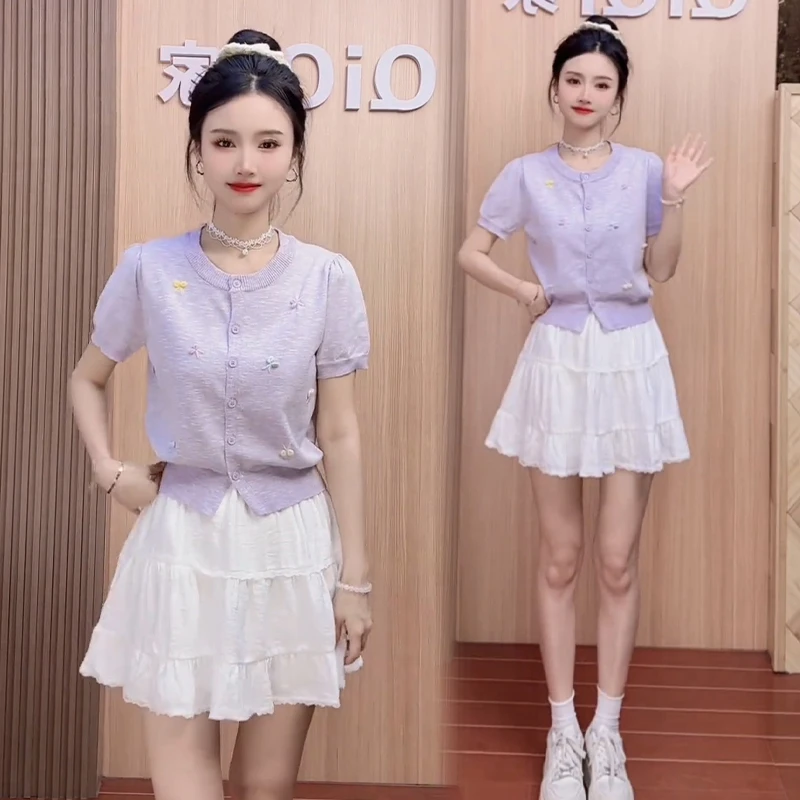休闲简约气质套装女2025夏季新款韩版百搭显瘦遮肉上衣半裙两件套