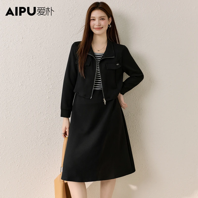 爱朴品牌大码女装秋季洋气休闲装显瘦秋游出行衣服连衣裙18078