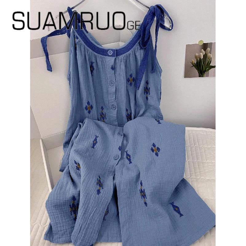 韩版小众新中式复古碎花棉纱睡衣女2025年夏季纯棉无袖家居服套装