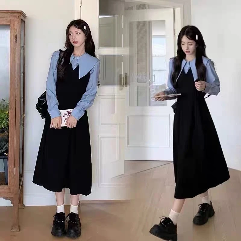 大码女装学院风假两件长袖连衣裙秋季穿搭裙子胖mm遮肚显瘦A字裙