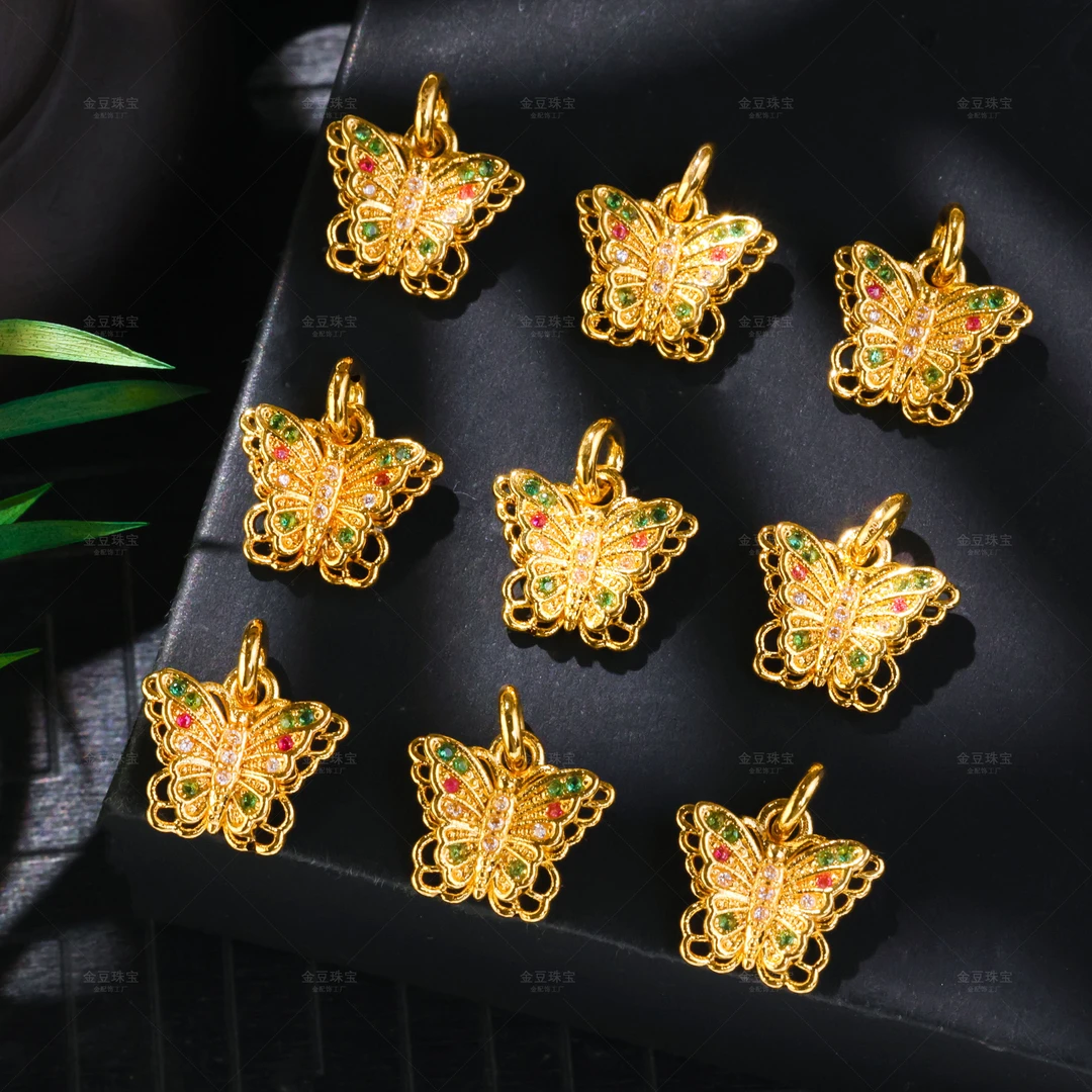 【金豆工厂】18K金豪镶立体蝴蝶吊坠滴溜挂坠(厚5D金)D