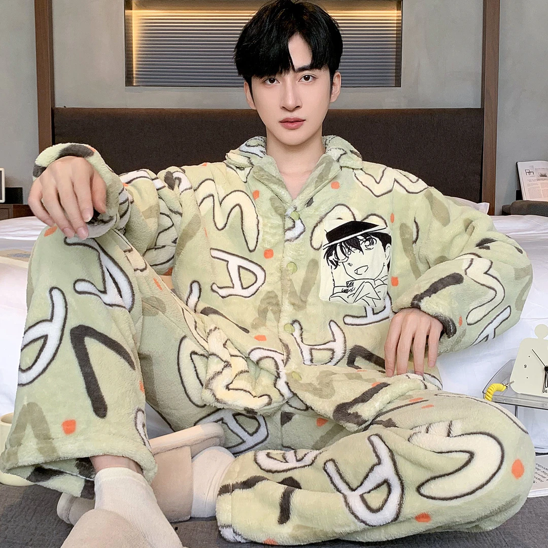2025新款男士睡衣秋冬季加厚加绒珊瑚绒法兰绒卡通大码家居服套装