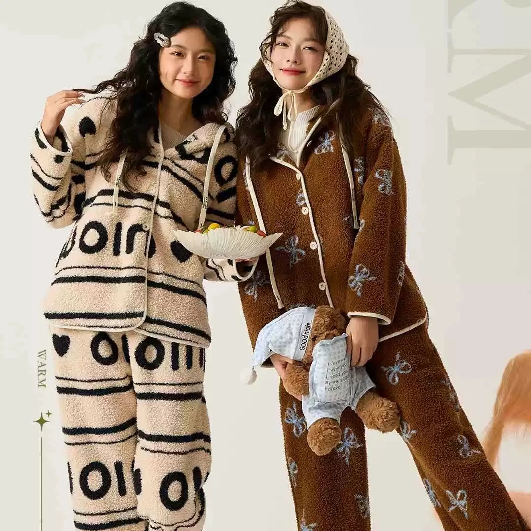 MOTIE末帖秋冬季大码保暖家居服热炉套装冬季连帽睡衣女加绒加厚