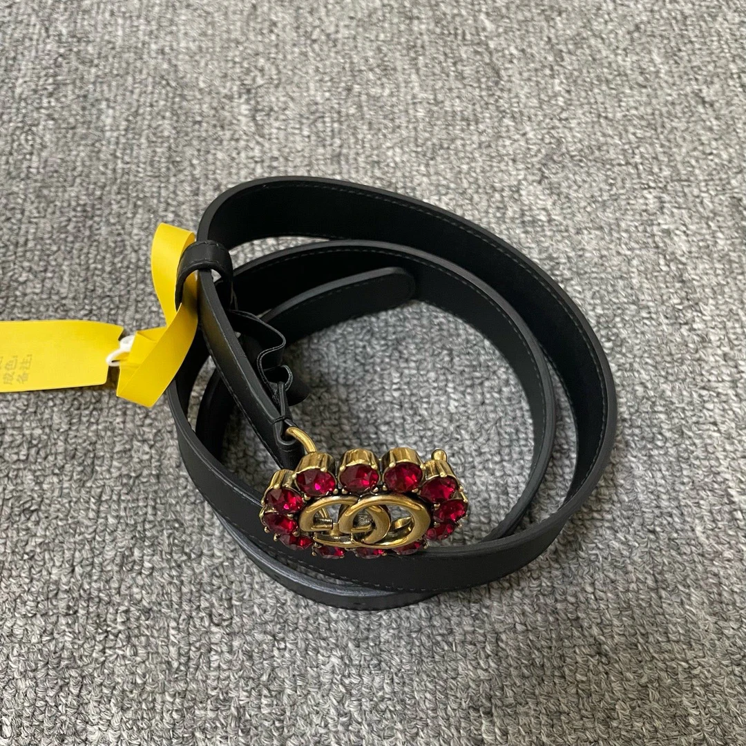 95新 GUCCI/古驰 红水晶双G扣腰带 尺码：92*2.5CM/10373