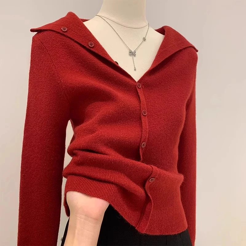 法式气质翻领长袖显瘦针织开衫春季新款修身内搭单排扣打底衫上衣
