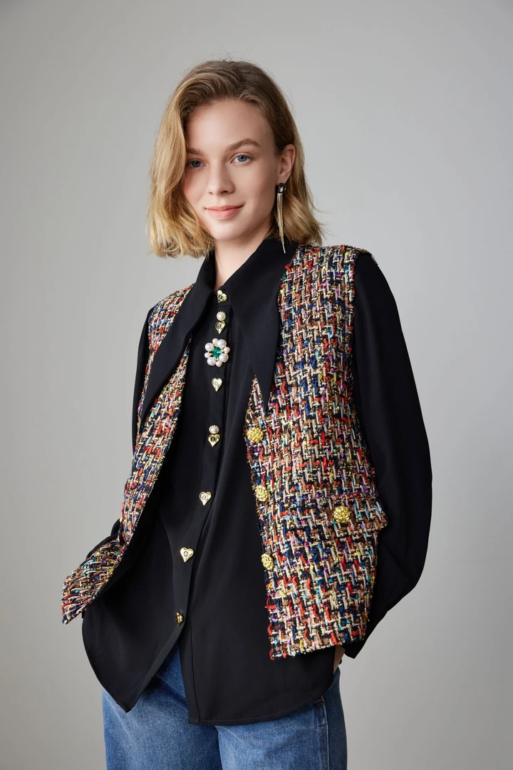 时尚气质优雅显瘦短款粗花呢V领小香风马甲女款秋冬高端洋气马夹