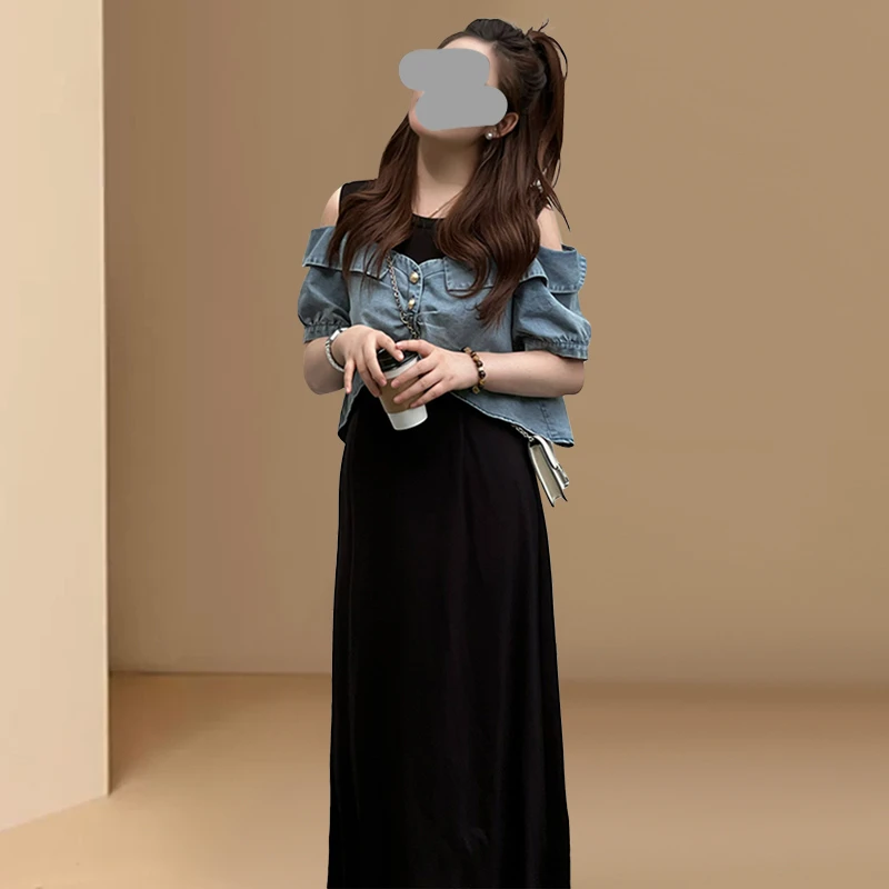 撞色拼接露肩袖长裙2025夏季新时尚气质圆领设计感长款连衣裙女