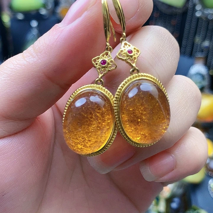 琥珀裸石银S925镶嵌耳坠