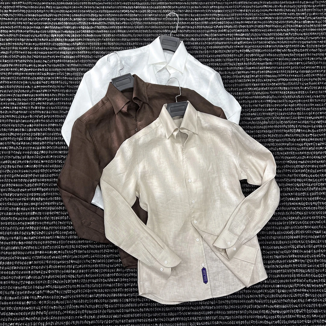 CssuGent那不勒斯皇后设计美学老钱一片领亚麻衬衫男夏季透气衬衣