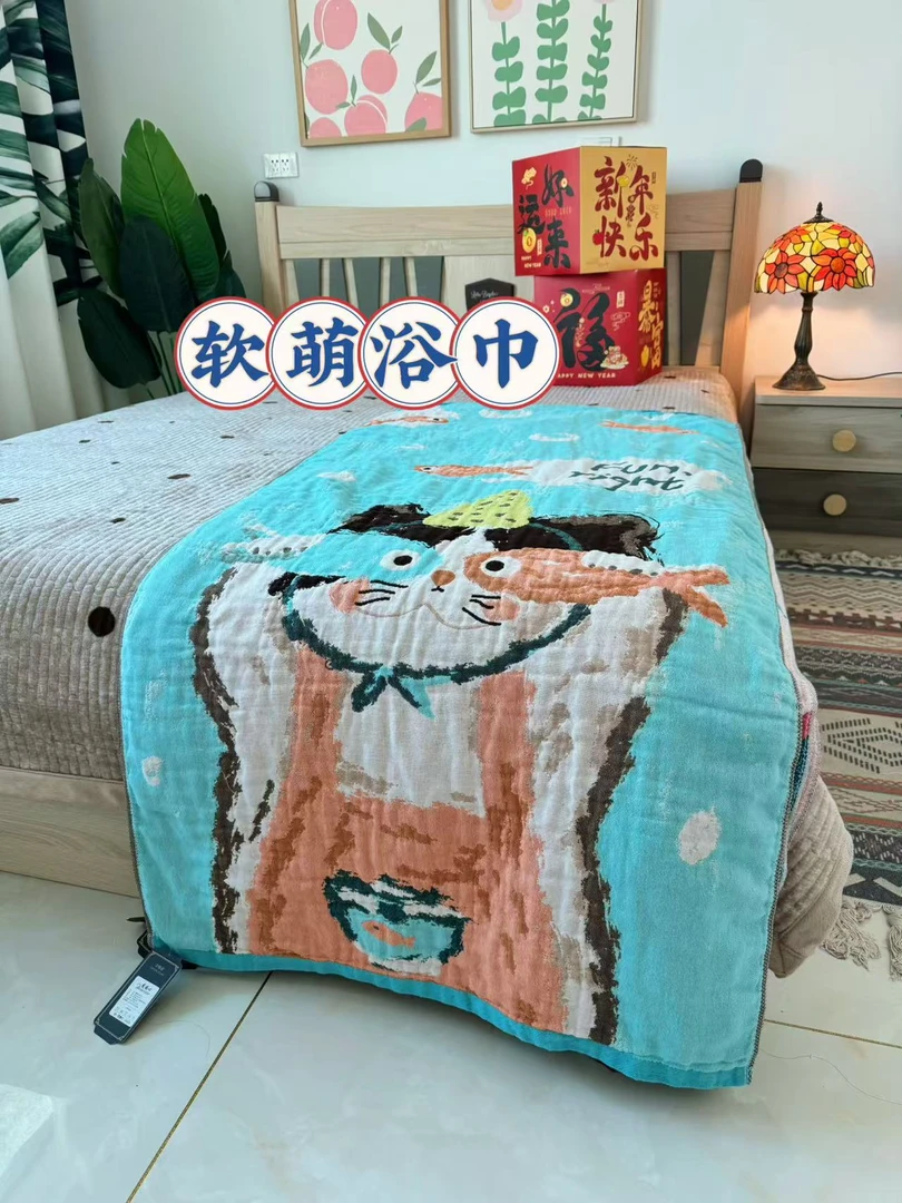 四层纯棉纱布加大浴巾高温砂洗柔软透气成人家用吸水浴巾